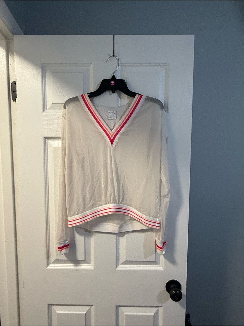Lucky in Love Cream V-Neck Sweater with Pink & Red Stripe Trim